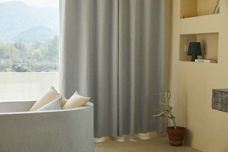 Living room with cotton panel curtains