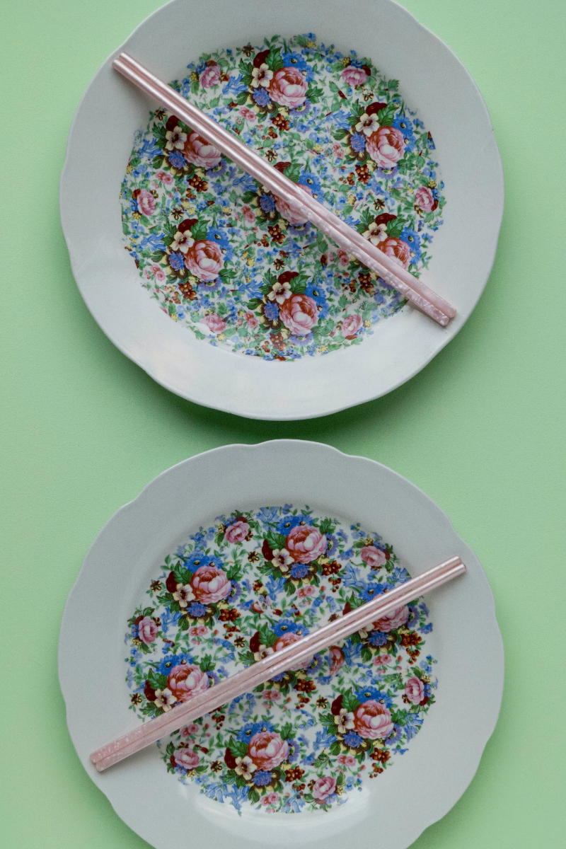 Floral pattern plates with chopsticks