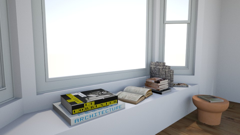 Bay window seat with coffee table books