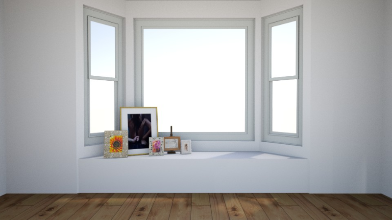 Bay window seat with framed art