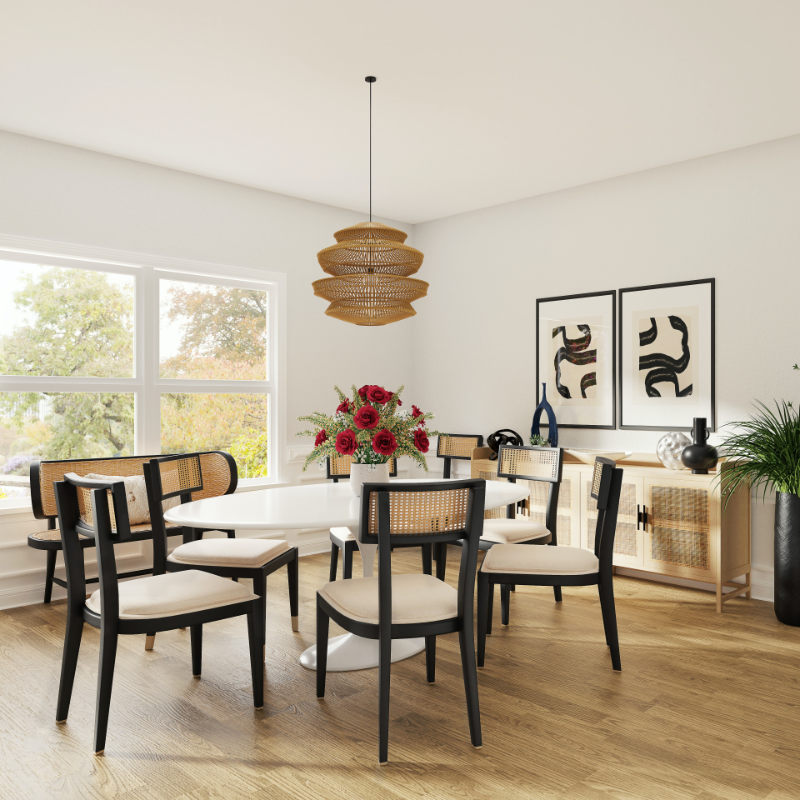 Dining room set with chairs arranged at various angles