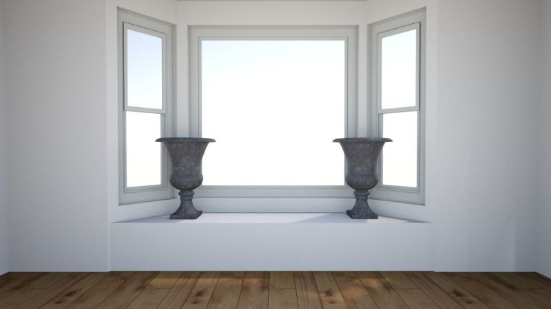 Bay window seat with a pair of symmetrical vases