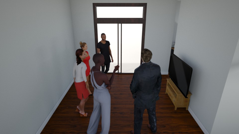 People standing in a semicircle around a TV