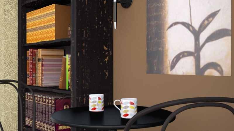 RoomStyler image of bookcase and small table with two chairs and two coffee mugs on the table