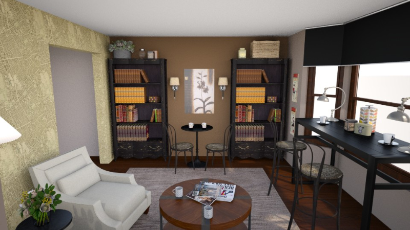 RoomStyler image of living room decorated with a coffee shop theme