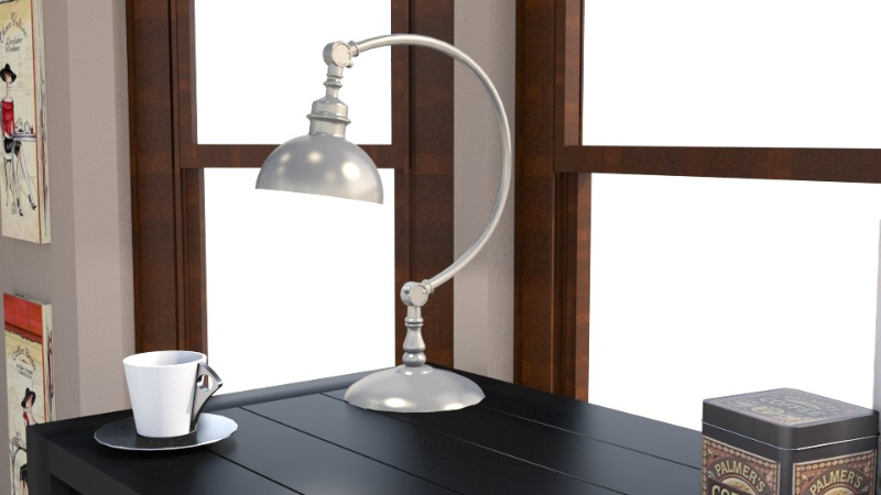 RoomStyler image showing a metal desk lamp with a curved arm