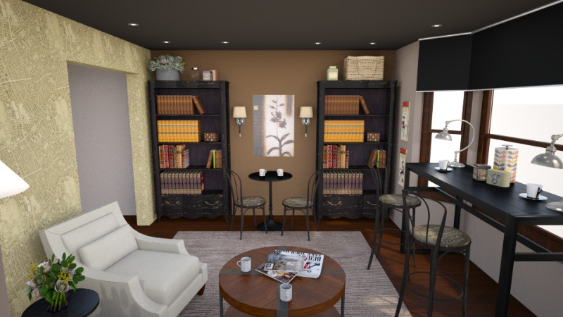 RoomStyler image showing a living room decorated with a coffee shop theme and a black ceiling with downlights