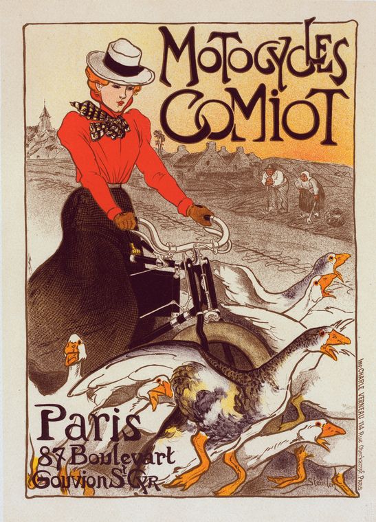 Art Nouveau style poster by Théophile Steinlen of a woman on a motorcycle surrounded by geese