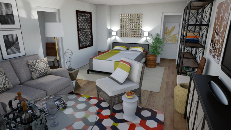 RoomStyler image of a colorfully decorated studio apartment