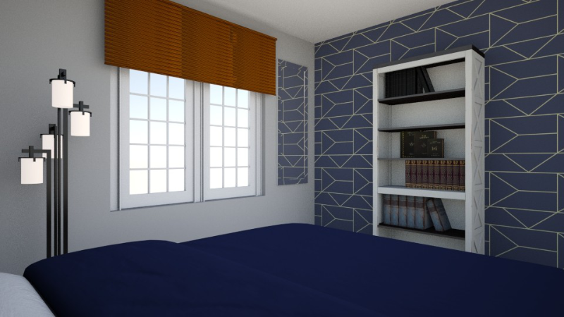 RoomStyler image of a bedroom with a bookcase along one wall