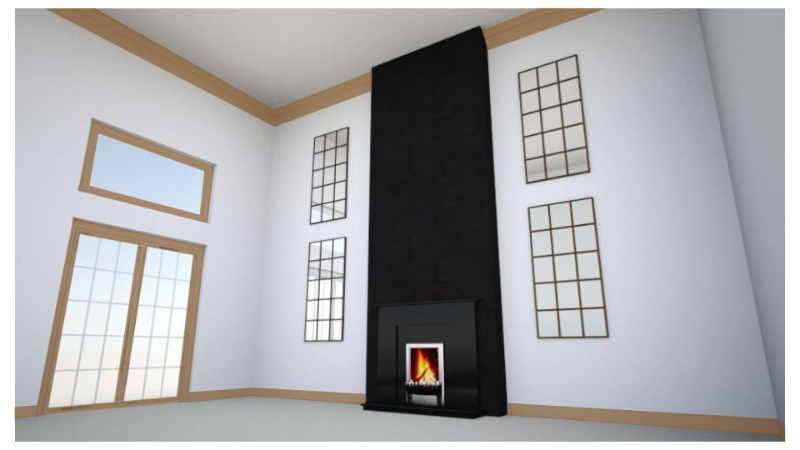 RoomStyler image of a room with white walls, a black fireplace and hood, and natural wood trim