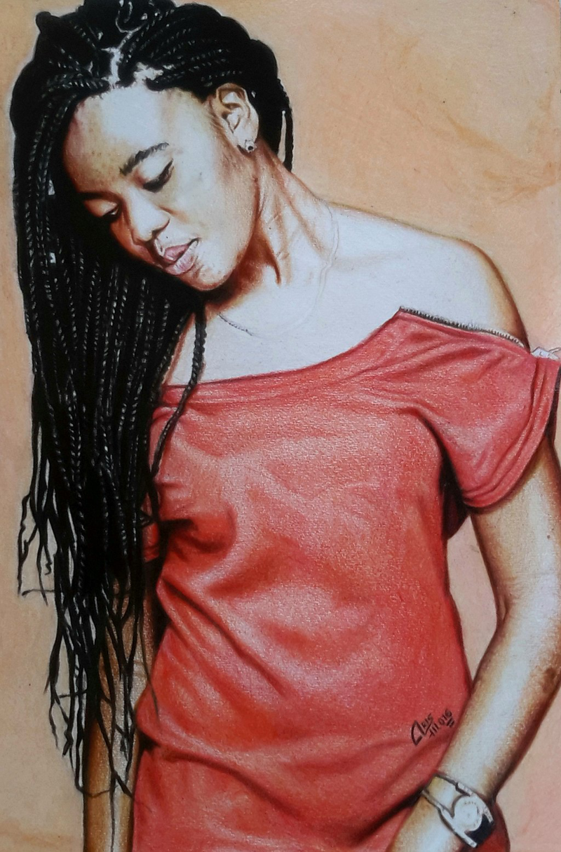 A hyper-realist style portrait by Aris ALOKO of a woman with waist-length dreadlocks wearing a red leather off-the-shoulder dress